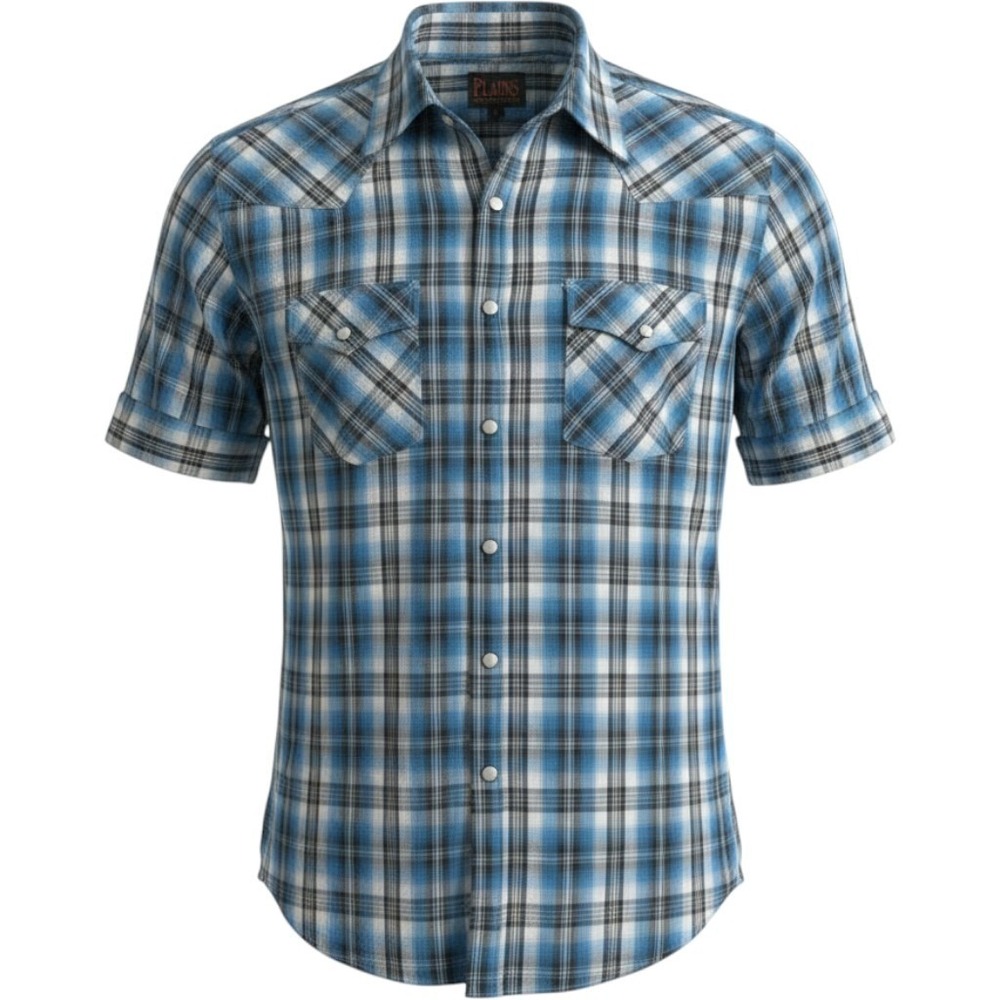 Plains Western Wear Blue White Plaid Pearl Snap Western Shirt Mens L 33E1309R-99